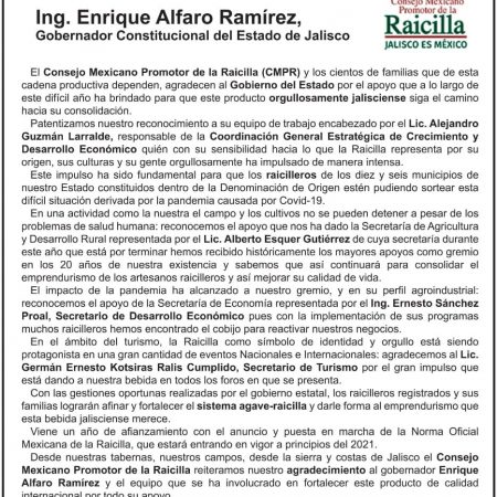 Desplegado Consejo Mexicano Promotor de la Raicilla.